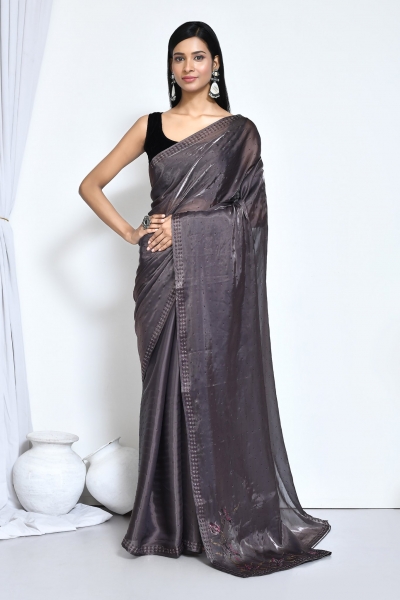 Grape color satin silk stone work saree with blouse N8145D