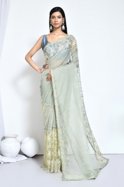 Pastel Green organza satin silk embroidered saree with blouse N8151