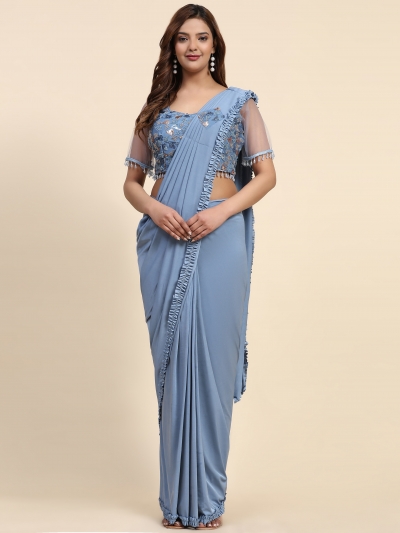 Stitched Saree with blouse in Powder blue colour 102073A