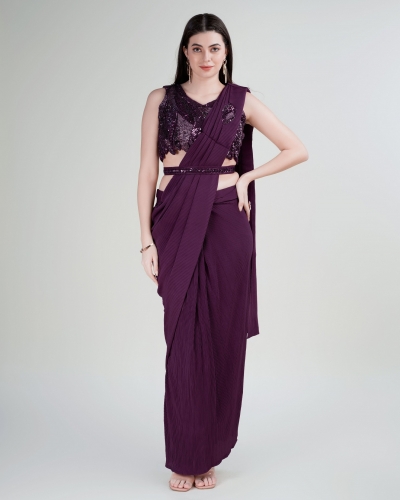 Stitched Saree with blouse in Wine colour KAT201