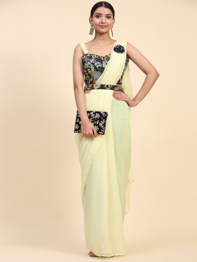 Stitched Saree with blouse in Light Yellow colour A306