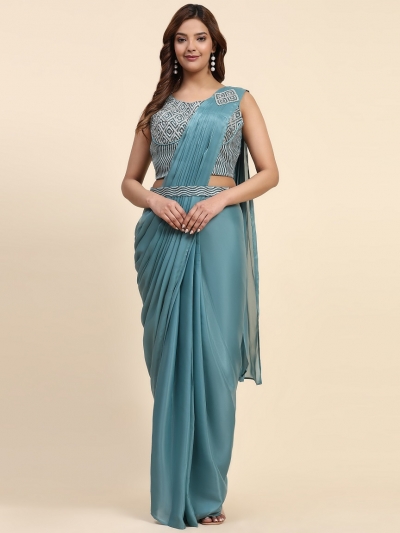 Stitched Saree with blouse in blue colour A329