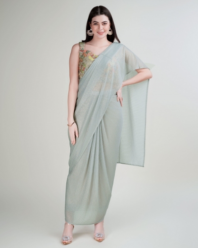 Stitched Saree with blouse in pastel green colour KAT215