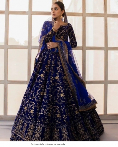 Bollywood Model Velvet Embroidery wedding lehenga in blue color