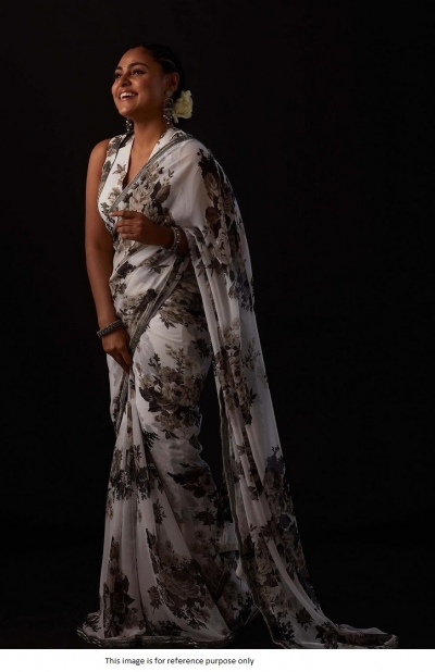 Bollywood model georgette brown and black floral print saree in white