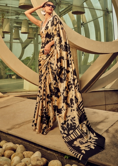 Digital Print satin saree in Beige color 1405