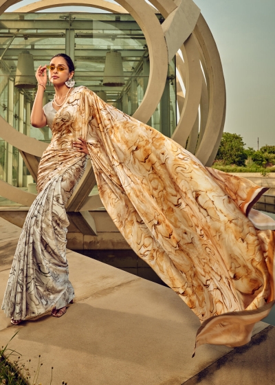 Digital Print satin saree in white color 1407