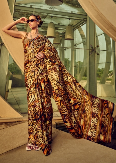 Digital Tiger stripes Print satin saree in Golden brown color 1408