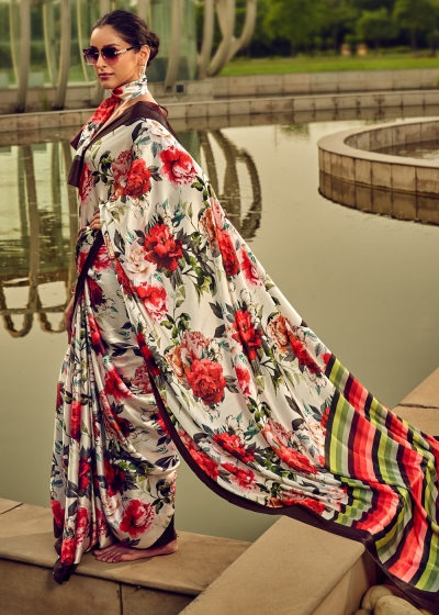 Digital Print satin saree in white color 1409