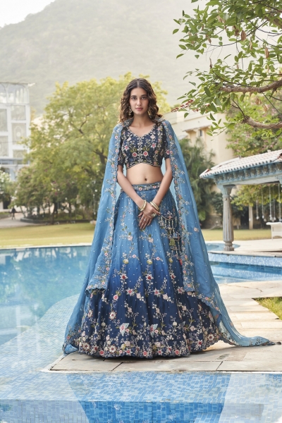 Shaded blue organza lehenga choli for wedding 4263b