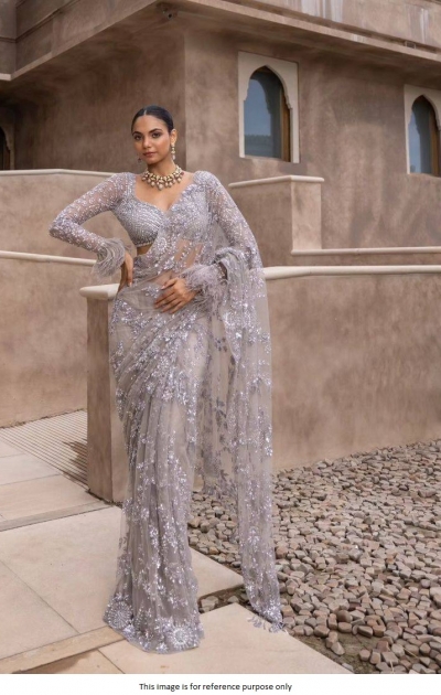 Bollywood Model net sequins designer saree in Grey