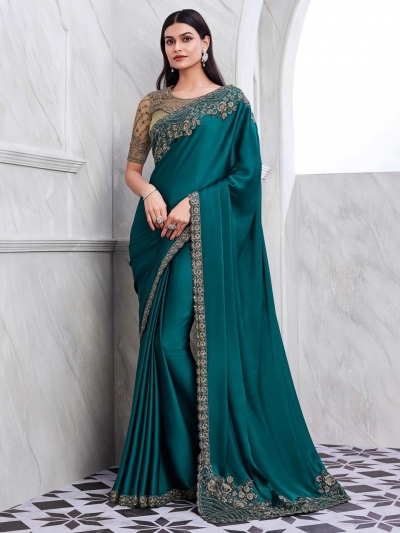 Silk Saree with blouse in Teal colour 29002