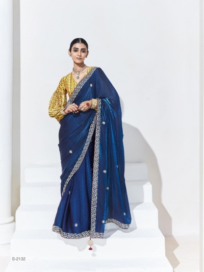 Organza Tissue Silk Saree with blouse in Blue and yellow 2132