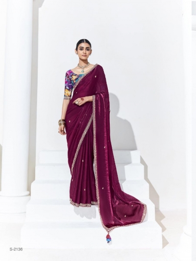 Organza Tissue Silk Saree with blouse in Wine color 2136