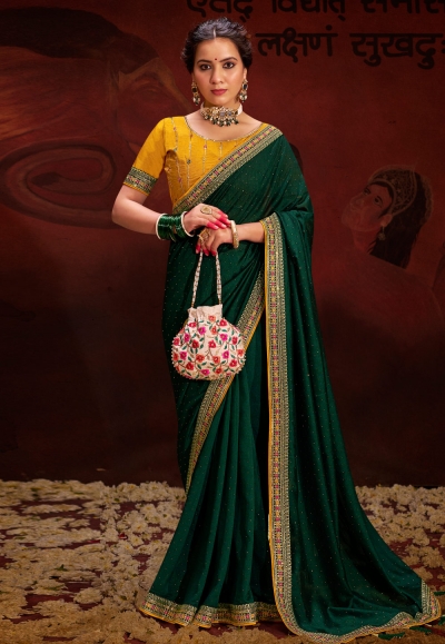 Vichitra Silk Saree with blouse in Green and yellow 4001