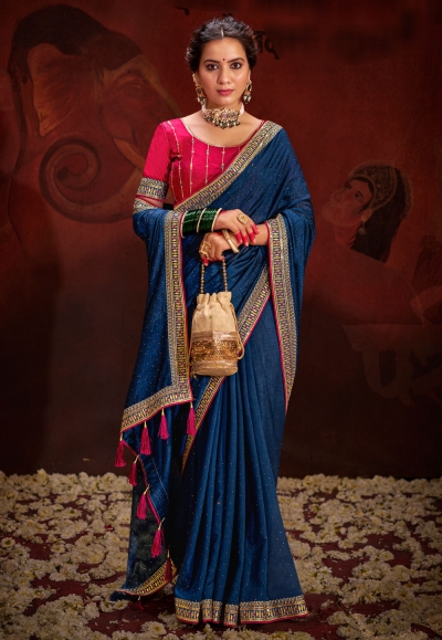 Vichitra Silk Saree with blouse in Navy blue and Pink 4005