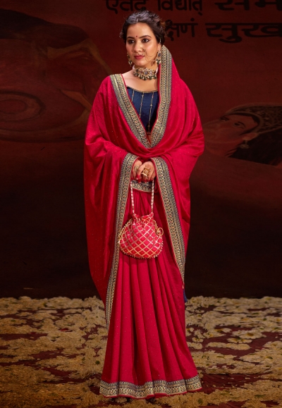 Vichitra Silk Saree with blouse in Magenta and blue 4006