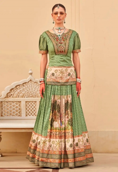 Green silk long choli lehenga 19