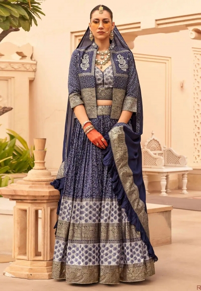 Navy blue silk jacket style lehenga choli 20