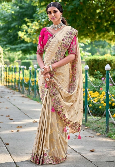 Banarasi Silk Saree with blouse in Offwhite and Pink 6205