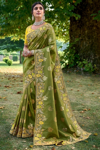 Fancy Silk Saree with blouse in Mehandi green and Yellow 6213