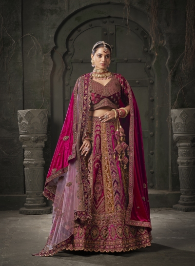 Rani Pink and Mustard Premium lycra velvet bridal lehenga choli 13003