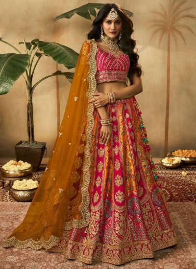 Rani Pink and Mustard banarasi silk bridal lehenga choli 10276