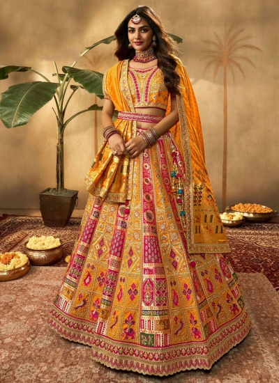 Yellow and pink banarasi silk bridal lehenga choli 10280