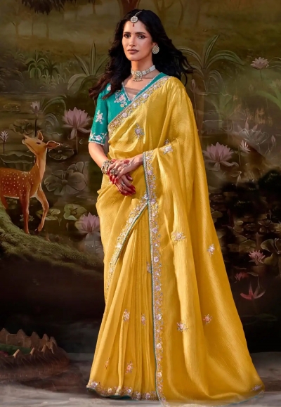 Yellow organza saree with blouse 5342