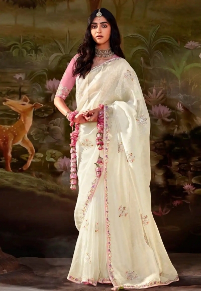 Cream organza saree with blouse 5345