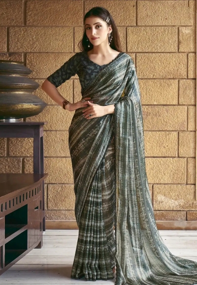 Green satin silk saree with blouse 43805