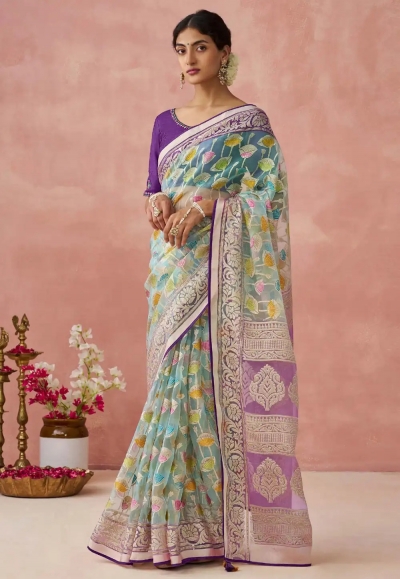 Sky blue brasso saree with blouse 17050