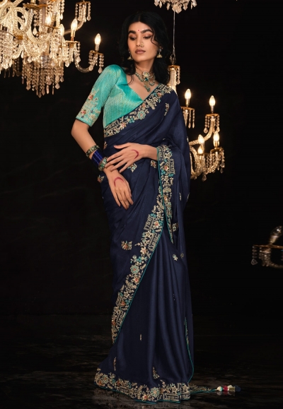 Navy blue tissue silk saree with blouse 5334