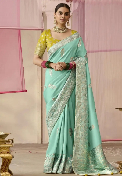 Sea green viscose saree with blouse 287
