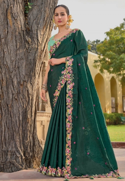 Green silk saree with blouse 6901