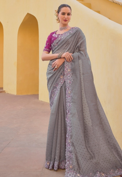 Grey silk saree with blouse 6905