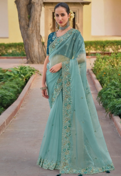 Sky blue silk saree with blouse 6906