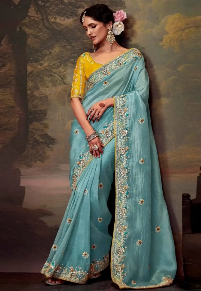 Sky blue tissue saree with blouse 5361