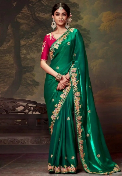Green tissue saree with blouse 5365