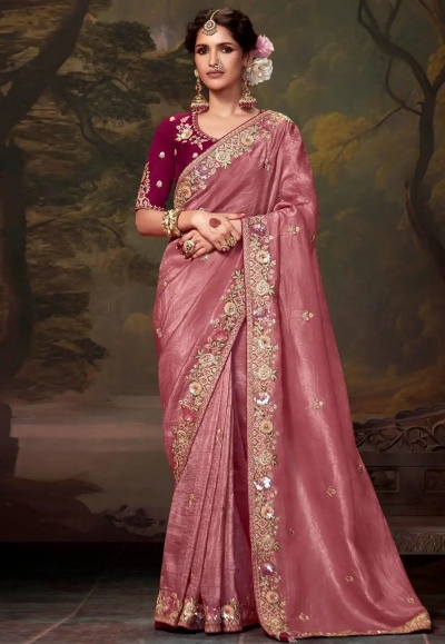 Pink tissue saree with blouse 5366