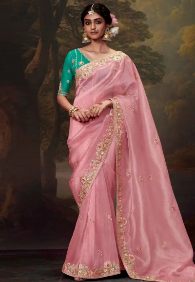 Pink tissue saree with blouse 5368
