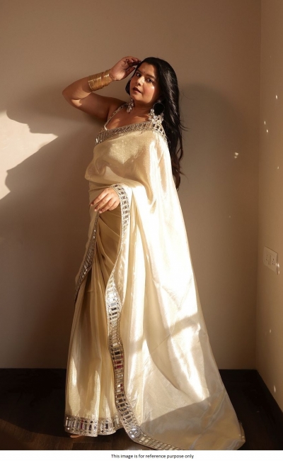 Bollywood Model Off white satin organza mirror saree