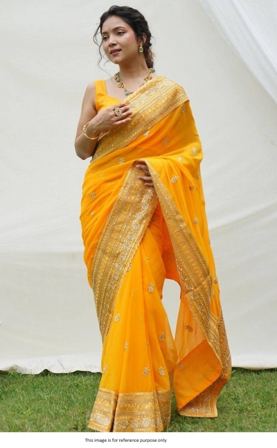 Bollywood Sabyasachi inspired yellow georgette wedding saree
