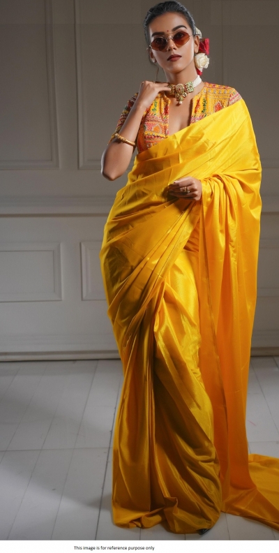 Bollywood Model Yellow satin haldi saree