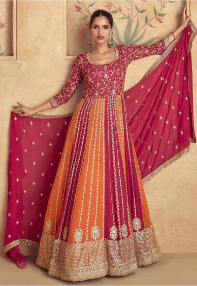 Georgette Anarkali gown dress in Pink and orange colour 10075