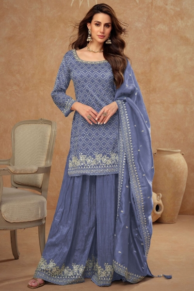 Silk embroidered sharara suit in Blue colour 7514B