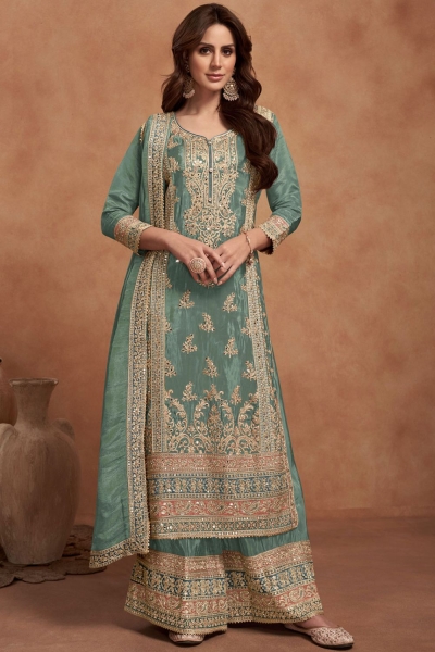 Simar silk embroidered palazzo suit in Mint green colour 7453C