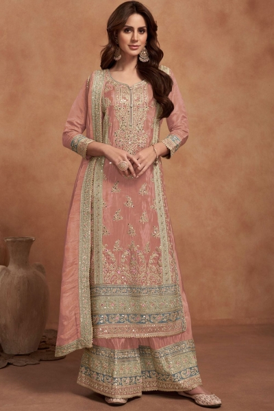 Simar silk embroidered palazzo suit in Peach colour 7453B