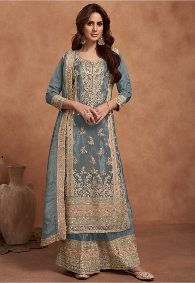 Simar silk embroidered palazzo suit in Grey colour 7453A
