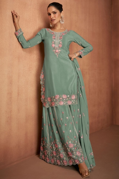 Chinon embroidered palazzo suit in Mint green colour 7488C